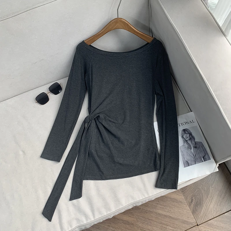【南油子宸】设计感腰部褶皱长袖打底衫收腰显瘦气质上衣女 801001