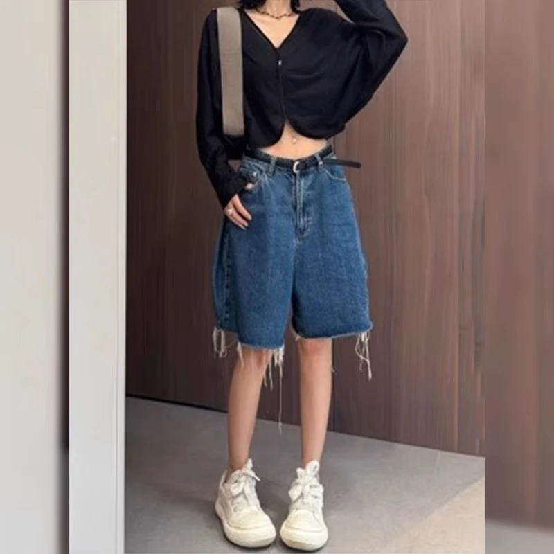 设计感流苏毛边阔腿短裤女夏季薄款梨型身材高腰宽松显瘦五分中裤