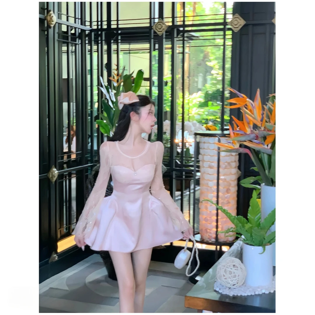 长袖蕾丝缎面轻奢法式假两件连衣裙