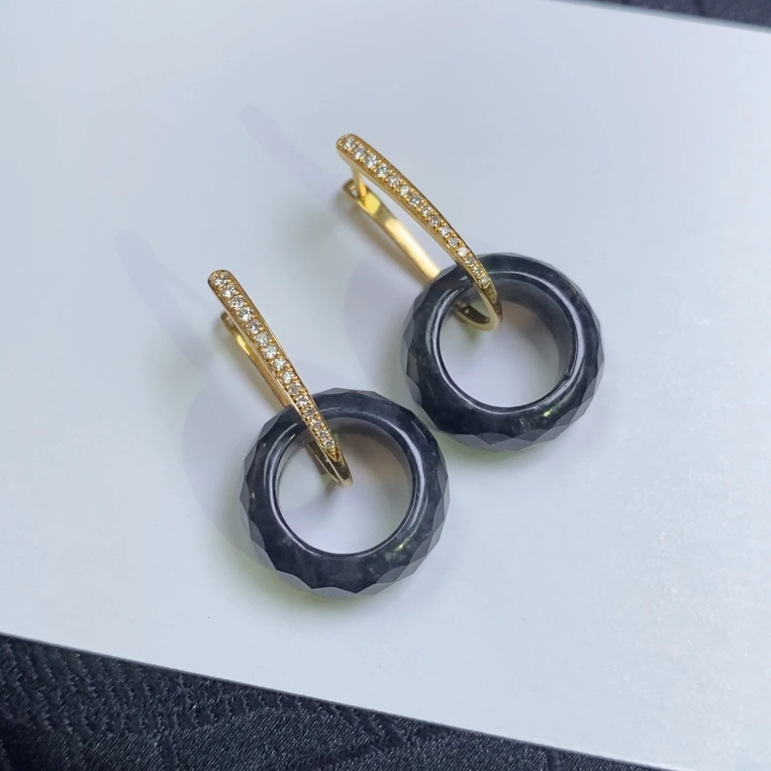 翡翠18K金镶嵌耳饰耳包➕乌鸡甜甜圈