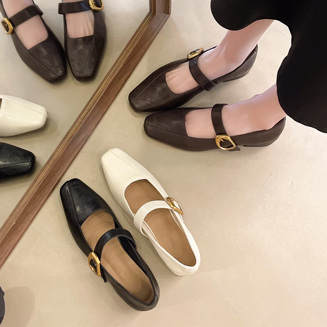 潮流伴侣方头粗跟单鞋女春2025新款浅口玛丽珍鞋百搭一字带豆豆鞋