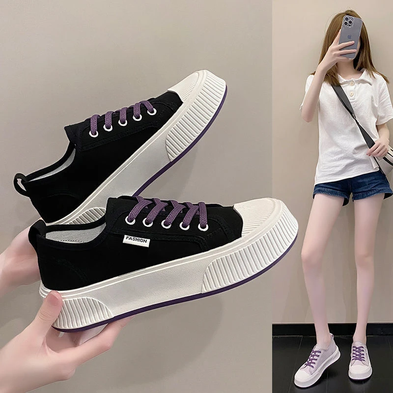 爆款小香风帆布鞋拼色厚底板鞋2025新款百搭圆头小白鞋休闲鞋女鞋