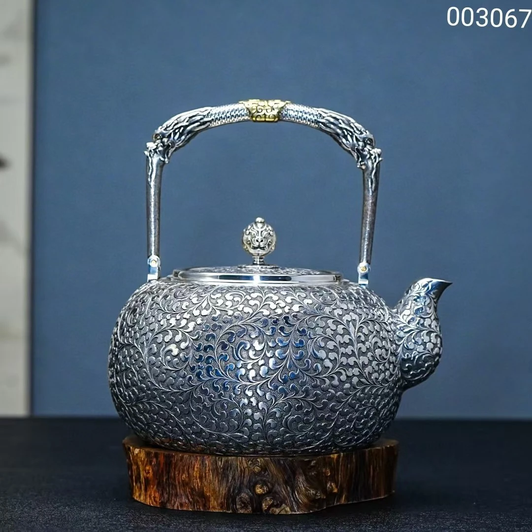 【慕雨手作】纯手工一张打满工錾刻缠枝 纹烧水 壶家用 银壶足银999