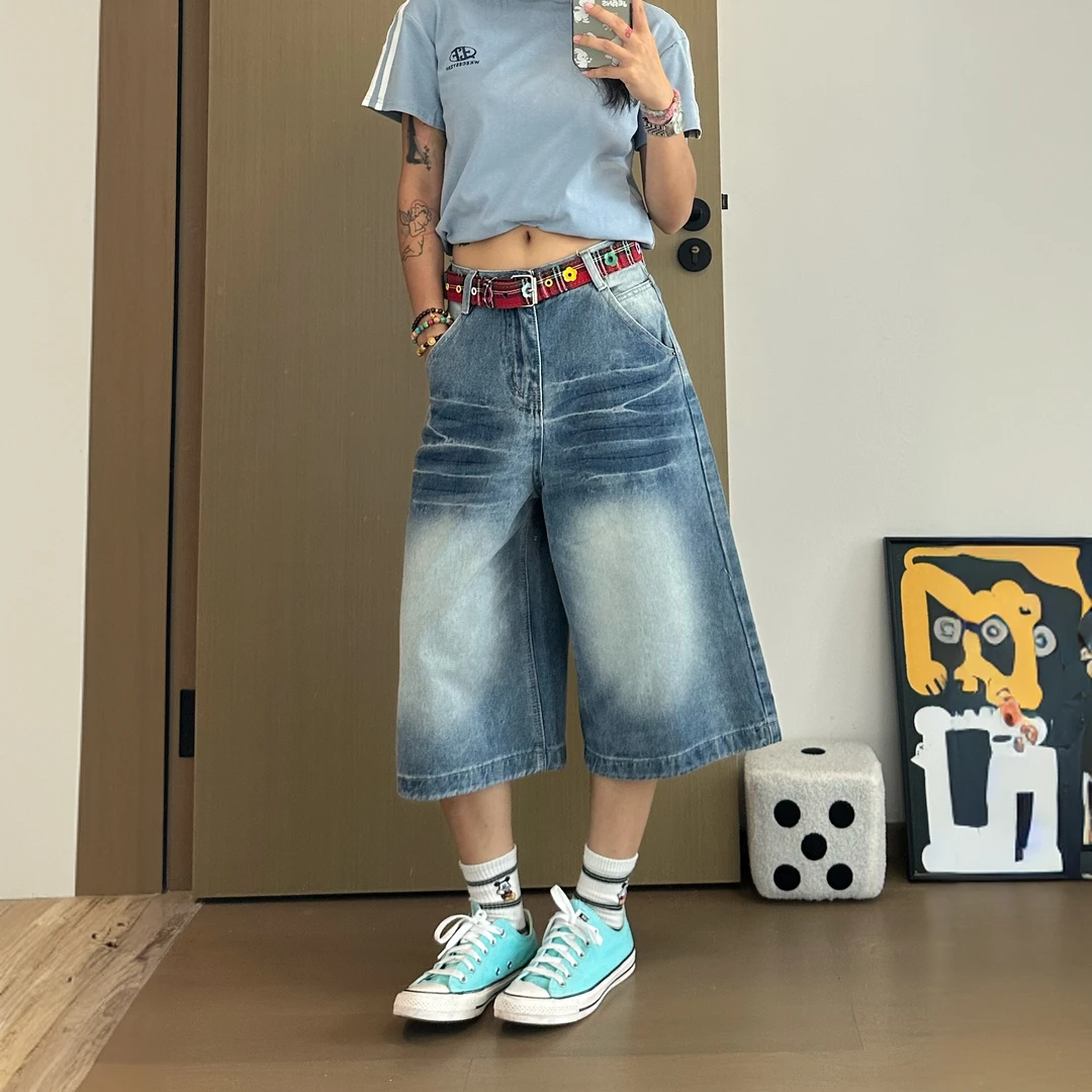 大码美式高街水洗牛仔裤女夏季设计感宽松显瘦高腰直筒阔腿七分裤