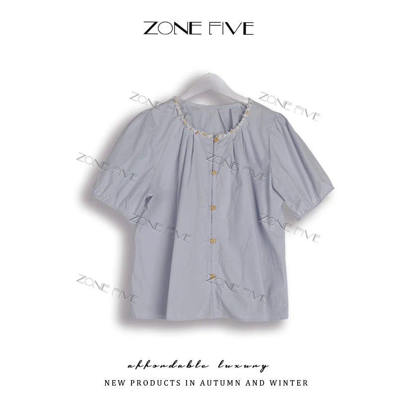 zonefive 夏季女新款法式圆领松石装饰短袖上衣衬衫TY6806