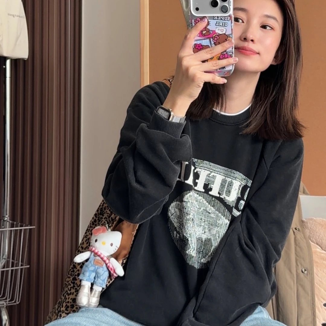 复古水洗黑灰酵洗棉毛圈字母印花卫衣