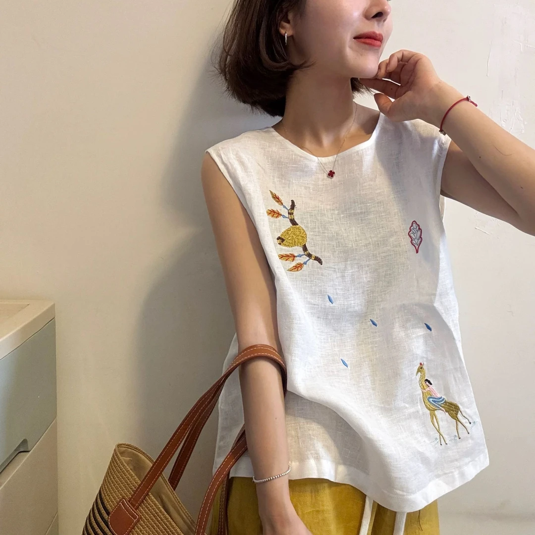 欧货重工卡通刺绣棉麻上衣女夏季时尚减龄显瘦无袖马甲娃娃衫2299