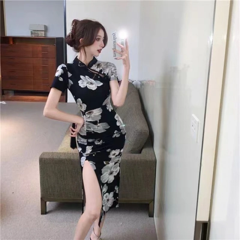 连衣裙高开叉印花日常褶皱国潮复古收腰2024年改良包臀中长款旗袍