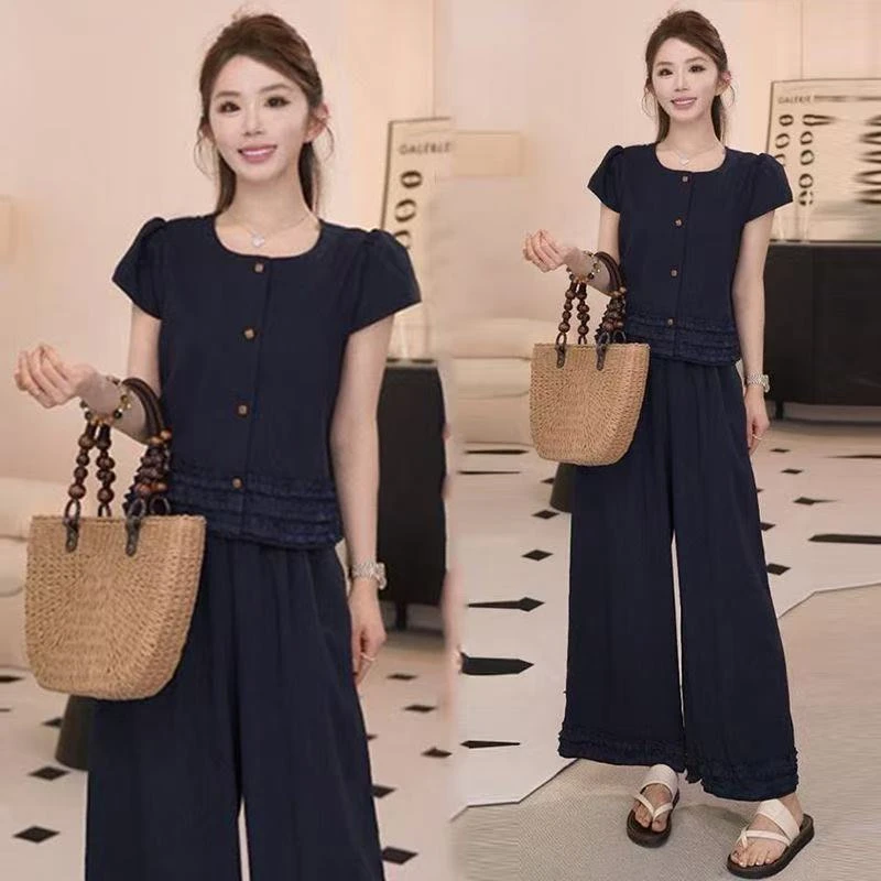 039编码----2025夏季新款小个子洋气百搭花边小衫阔腿裤两件套