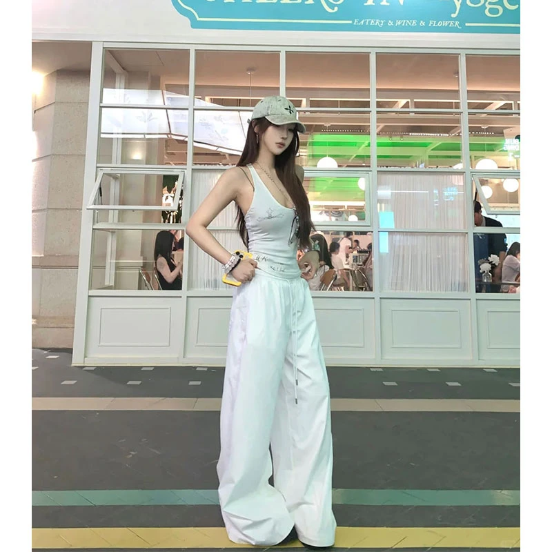 2025年夏季新款ins美式辣妹纯欲风十字印花背心配抽绳运动阔腿裤