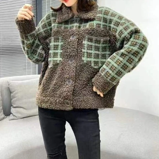 花花/3286-新款格子百搭外套小个子洋气拼接外套