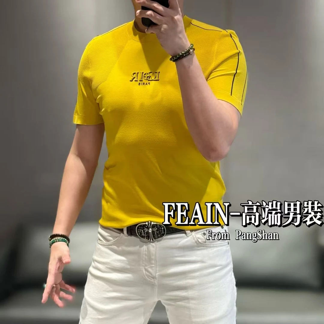 高端伊力特丝立体提花双针法工艺立体软硅胶字母男士T恤071