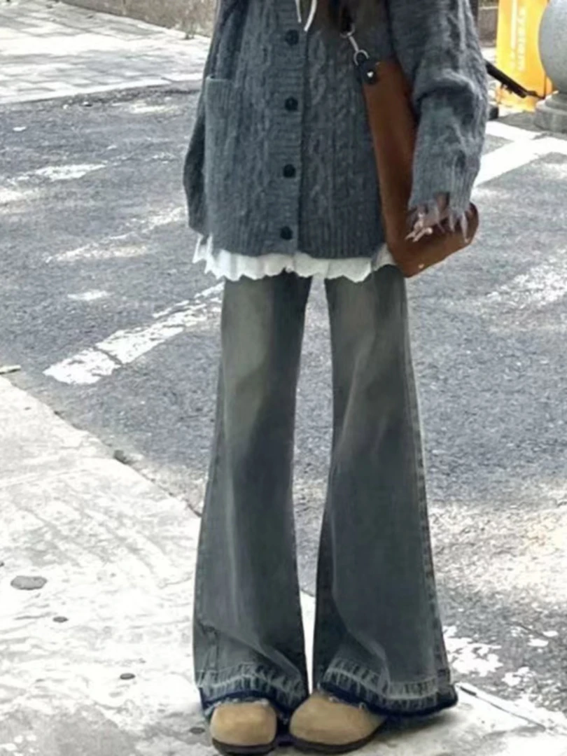 不贴腿微喇叭牛仔裤女大码梨形身材高腰显瘦胖mm宽松阔腿裤小个子