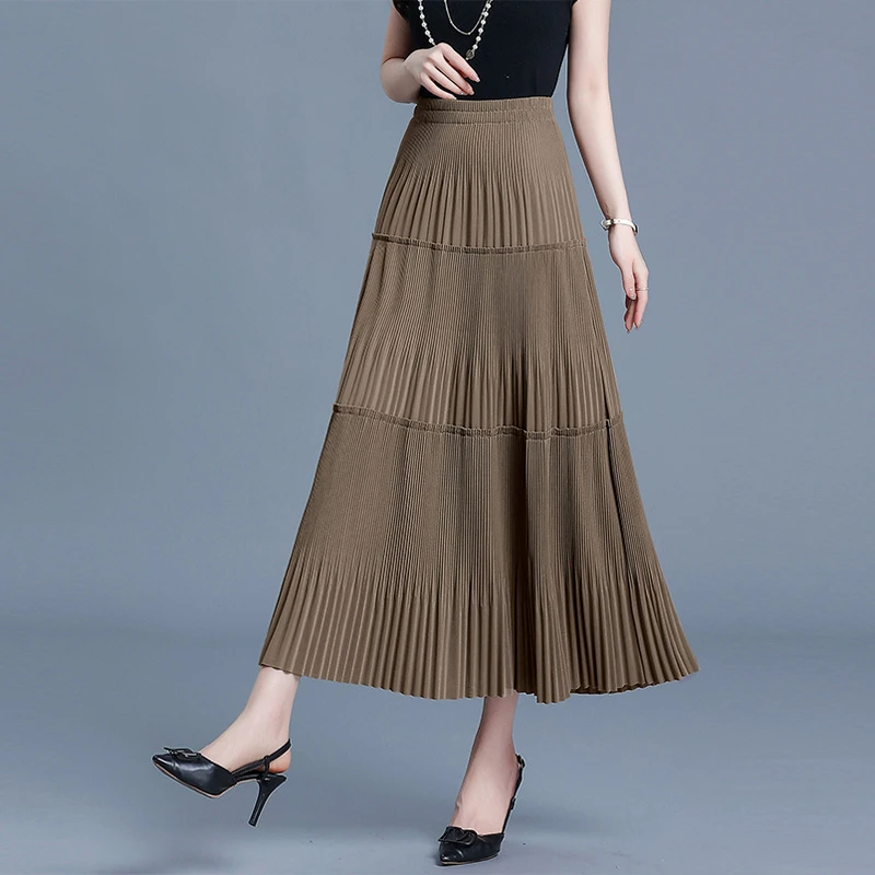 百褶裙A字半身裙蛋糕裙春夏高腰显瘦中长款垂感褶长裙1F春季6909