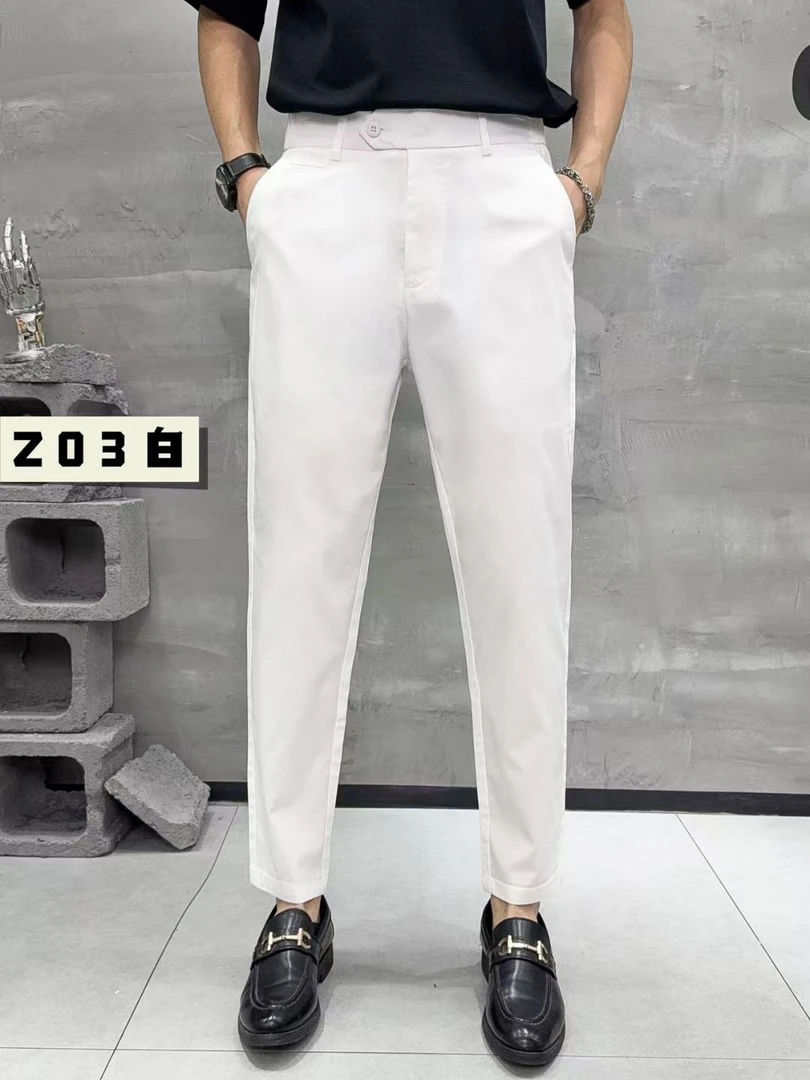 2025男士小直筒修身高弹纯白色九分裤