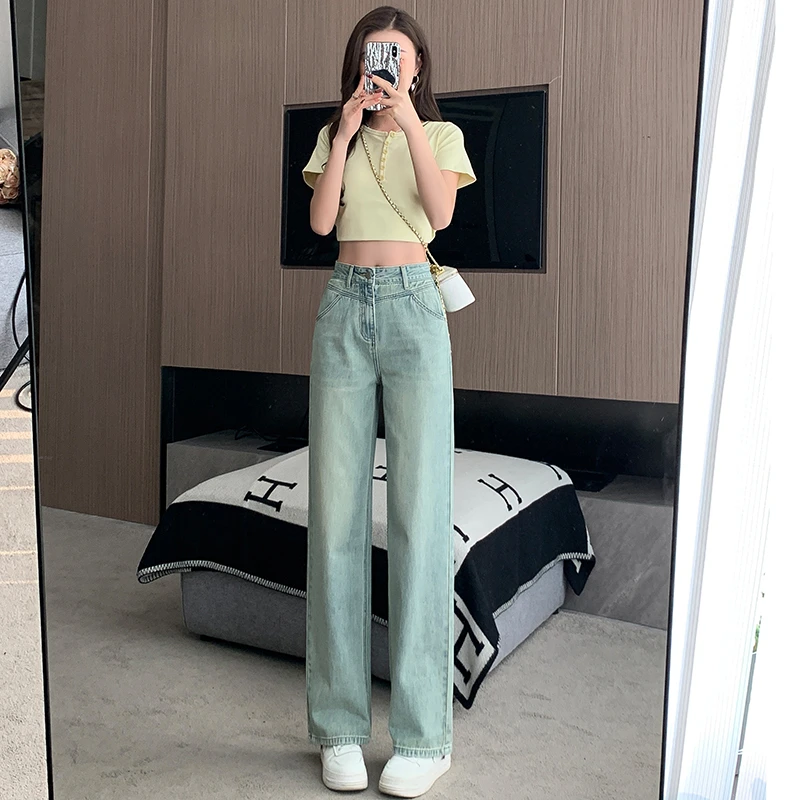 2025小个子阔腿牛仔复古百搭直筒薄款高腰裤牛仔阔腿裤