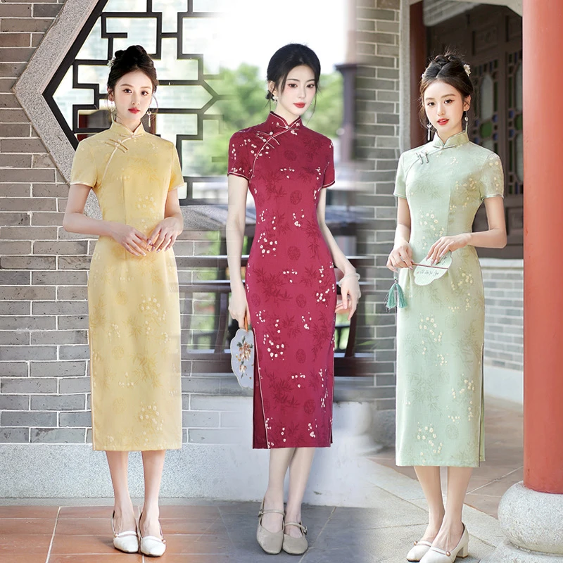 四姑娘| 提花弹力麻| 夏日透气| 中长款夏季日常上班可穿中式旗袍
