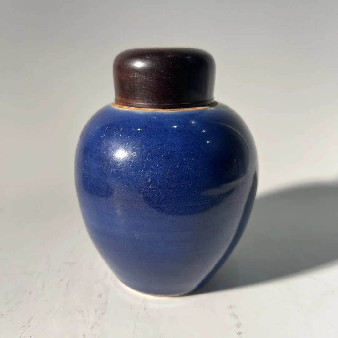 Q-A0724151 清早期 霁蓝釉盖罐 高度13.3 肚径11