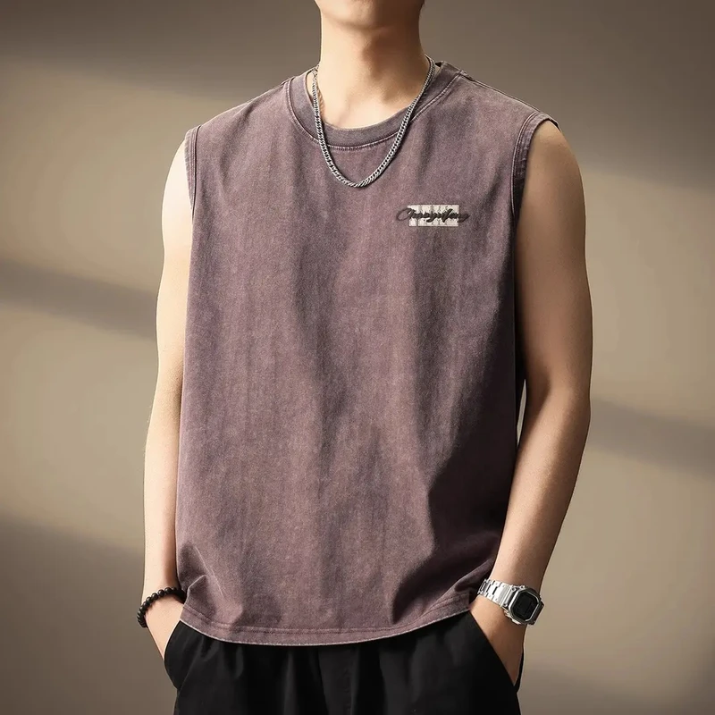 法国Cebrodz美式重磅雪花水洗背心男夏季宽松户外运动坎肩大码