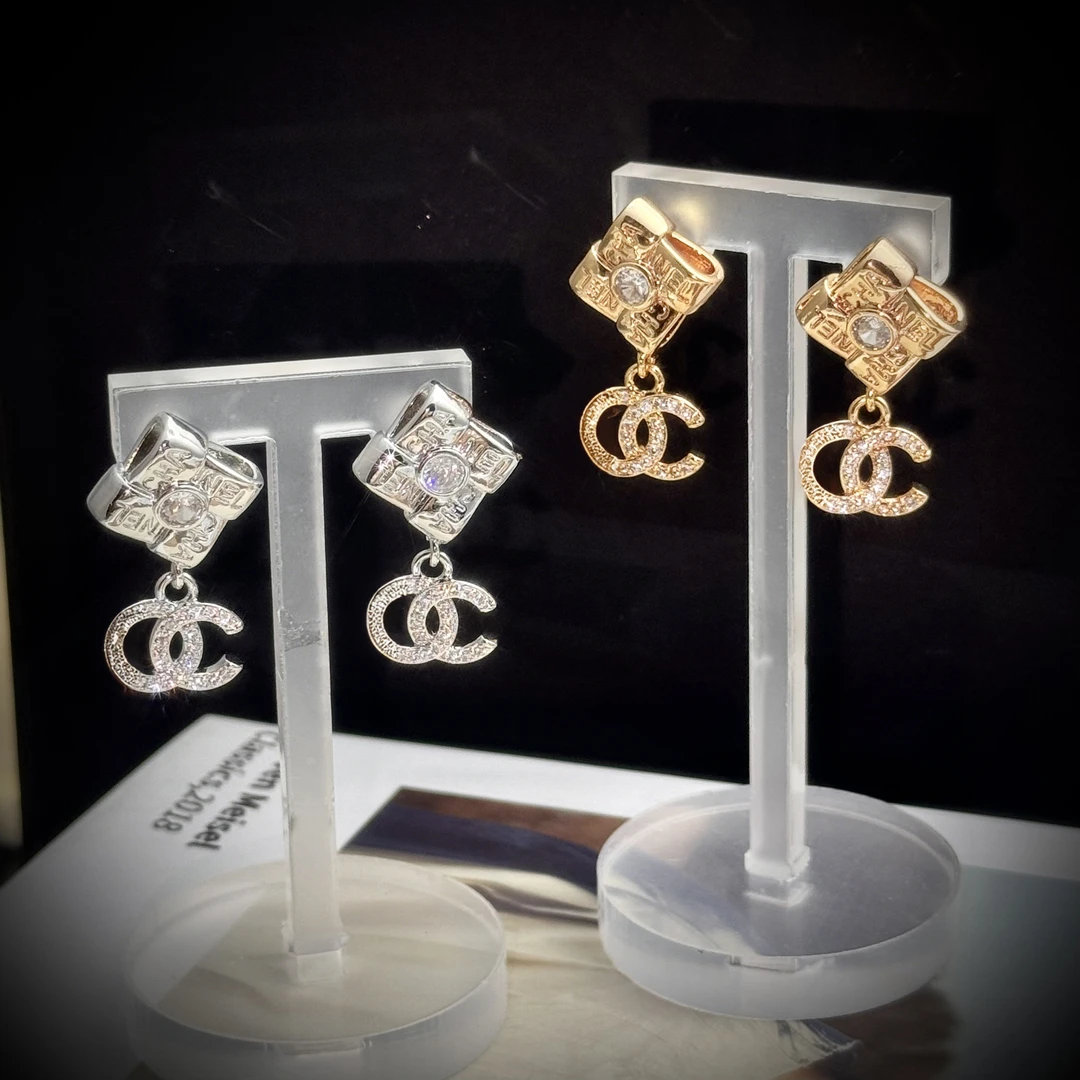 铜合金锆石耳饰 法式轻奢小香风编织格纹耳坠高级感百搭小众耳钉