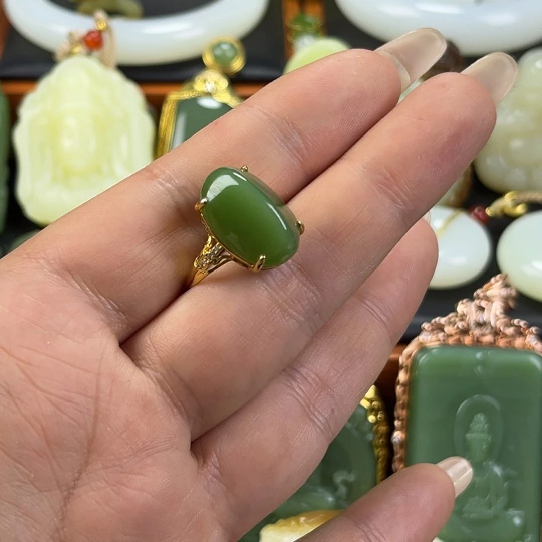 和田玉（碧玉）戒指银S925镀金镶嵌