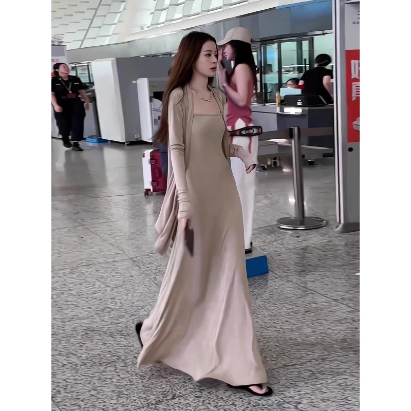 春夏新款时尚御姐风冰丝薄款开衫外套双肩吊带洋装套装女装