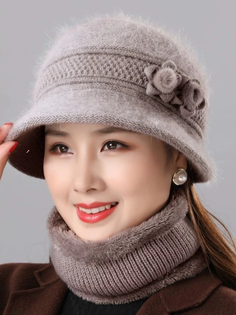 中老年人妈妈冬天帽子女新款兔毛针织盆帽奶奶加绒加厚保暖毛线帽