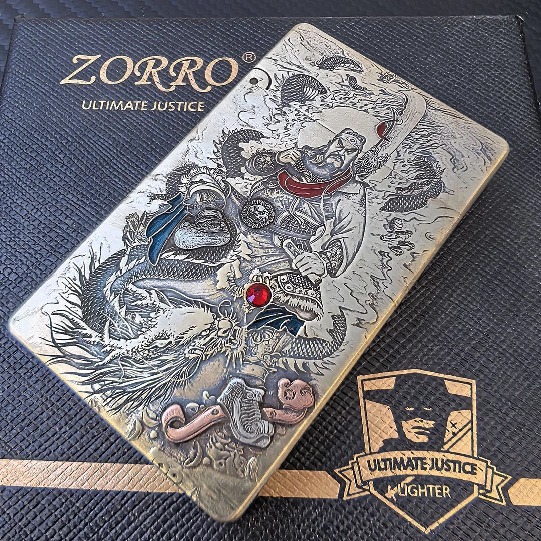 ZORRO佐罗超薄朗声799煤油打火机浮雕镶嵌武财神关羽黄铜一体钢音
