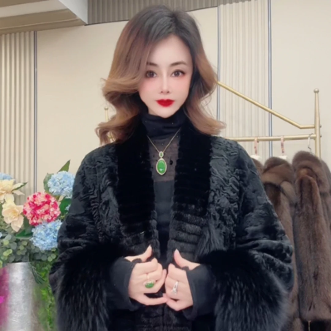 9皇家贵夫人冬季新款时尚潮流黑色皮草大衣外套DZH-衣长90cm