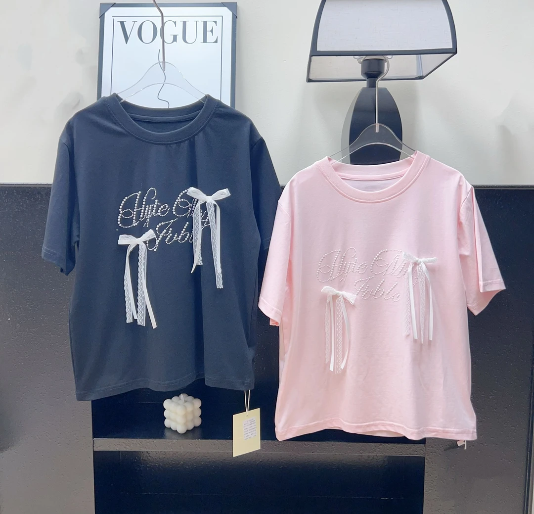 550~女童夏季时尚T恤~珍珠织带蝴蝶结~