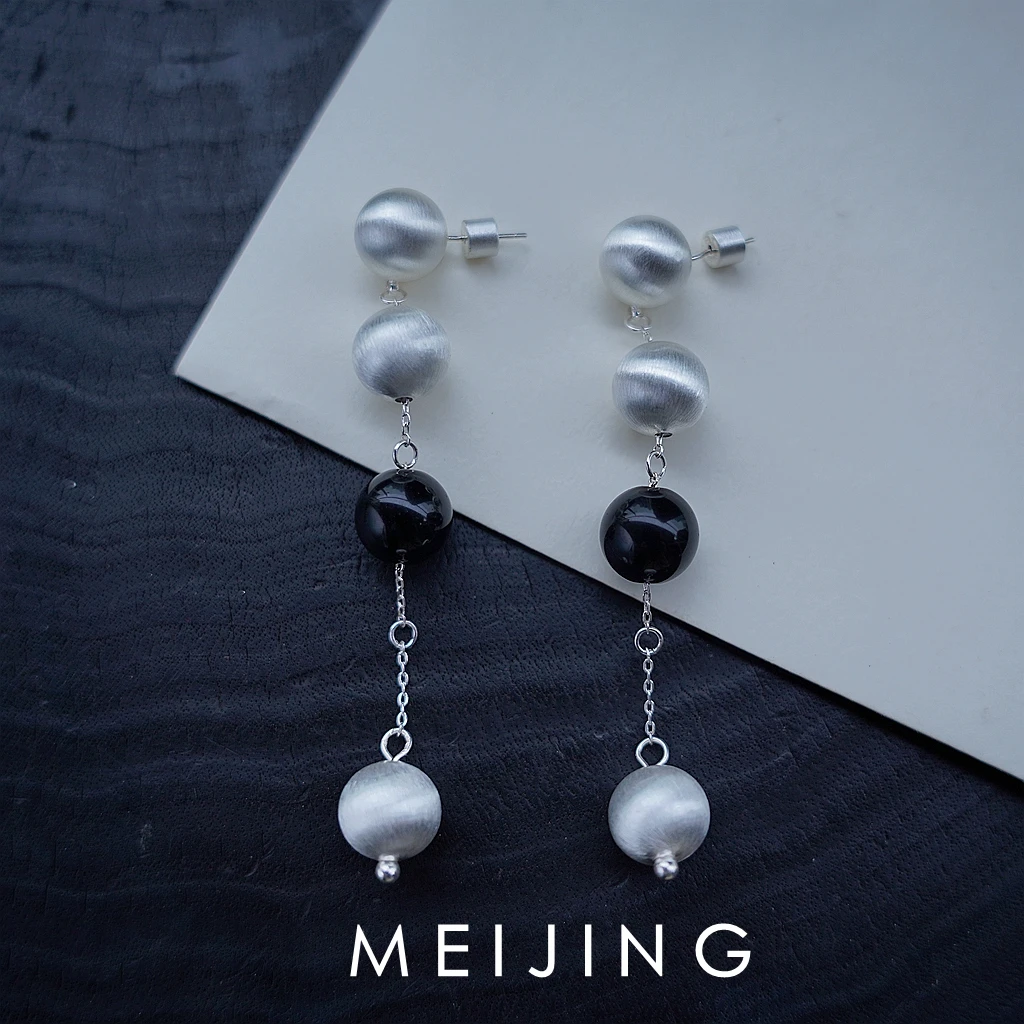 黄铜木质耳饰 【银屏】小众设计气质优雅长款檀木拉丝圆球耳环