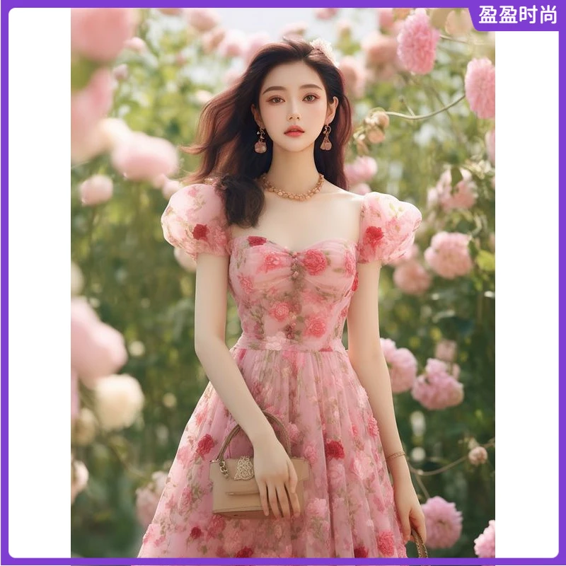 l精致海边度假茶歇收腰法式小香风感粉色印花连衣裙女夏季I