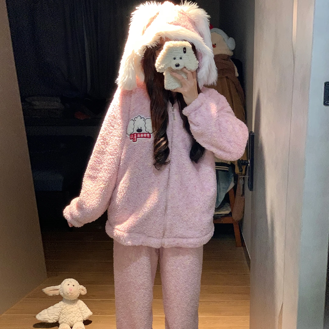 珊瑚绒睡衣女士秋冬季大码加厚仿半边绒粉色小狗套装可外穿家居服