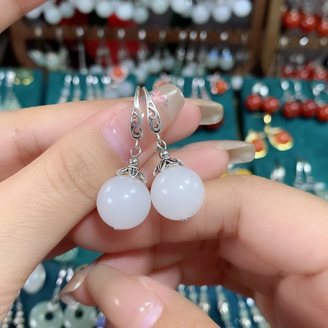 石英质玉（金丝玉）耳饰银S925镶嵌卡12左右