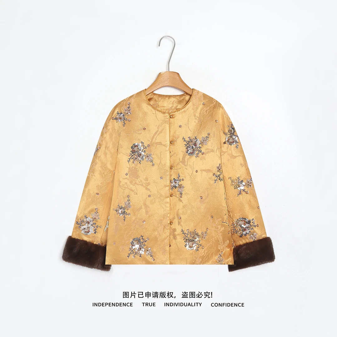 温温【临冬】新中式人丝刺绣亮片90白鸭羽绒冬季保暖羽绒服 M2774