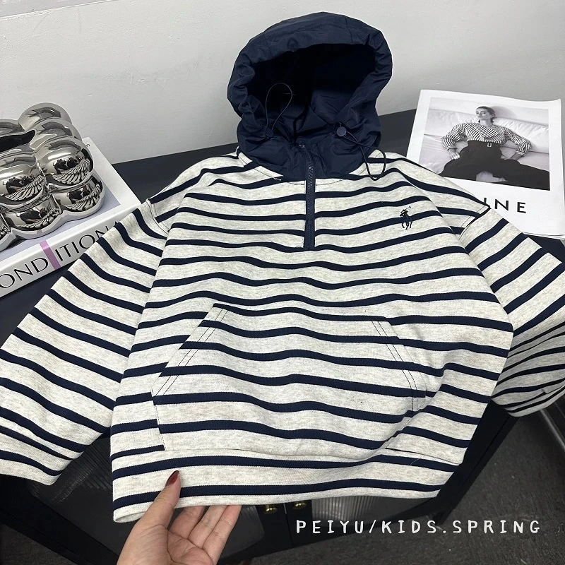儿童时尚条纹卫衣2025新款男女童春秋装韩版连帽长袖上衣潮