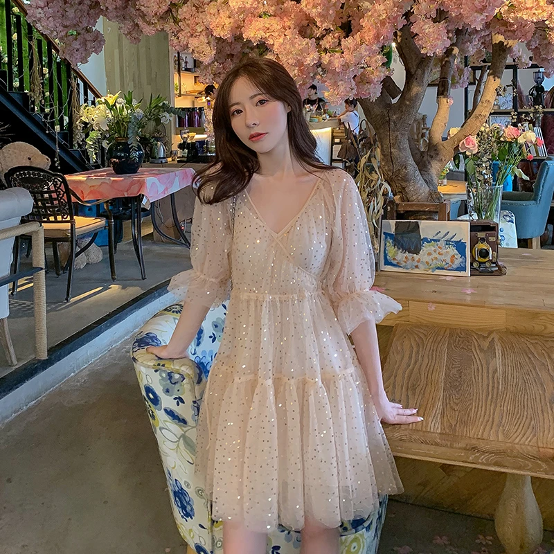 【21299】网纱仙女性感洋气少女亮片喇叭袖连衣裙JJJJ