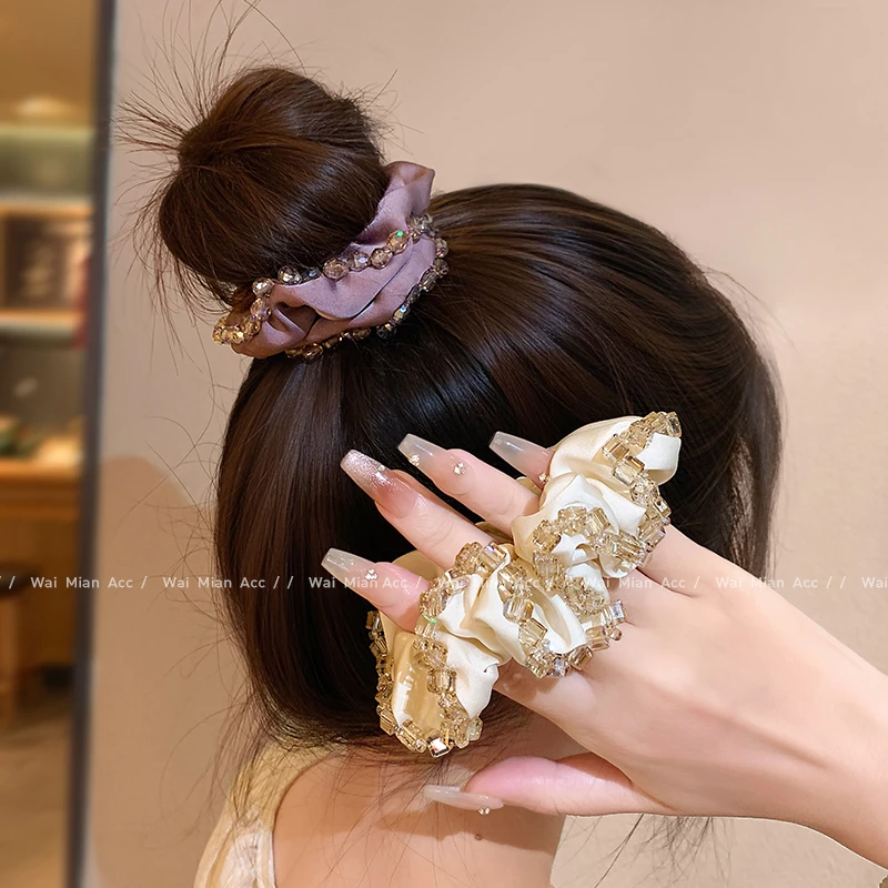 高级感水晶大肠发圈女布艺发绳缎面扎头发头花新款轻奢盘丸子头绳