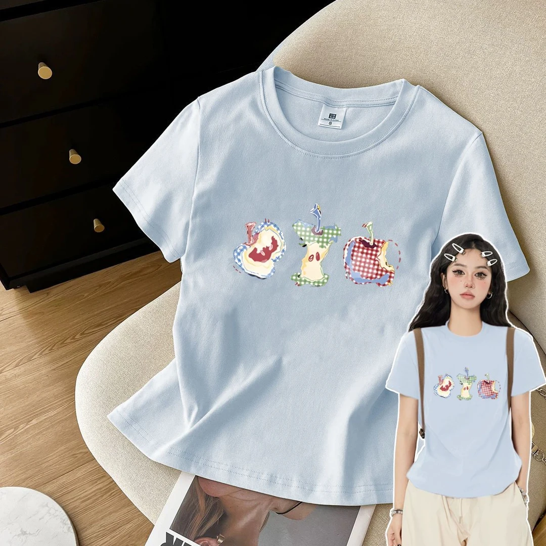 【ZHAP】2025夏季宽松圆领正肩短袖t恤女藏青色日系通勤风甜款上衣