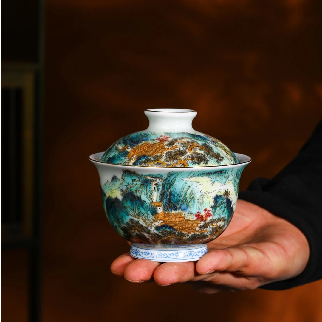 景德镇陶瓷  锦绣山河图山居图二才盖碗高温粉彩珐琅彩手工茶具