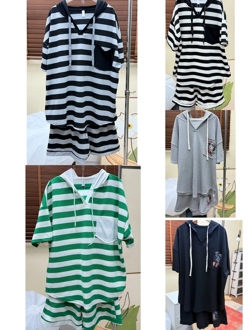 网红爆款史努比套装大码经典休闲条纹连帽套装短袖短裤宽松套装