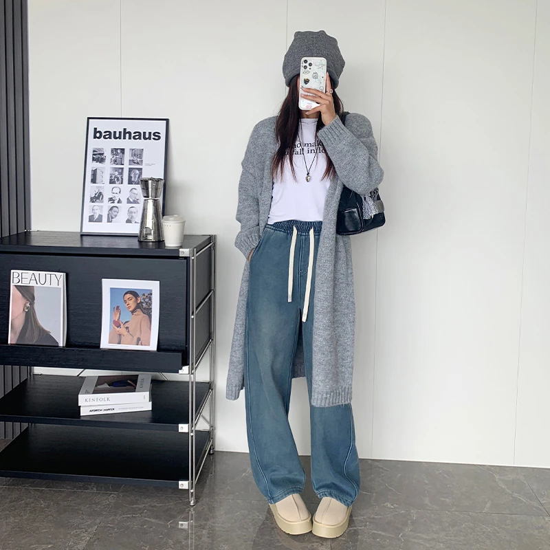 （直播复古丹宁香蕉裤）2477 秋冬季复古怀旧质感加绒百搭休闲裤Q