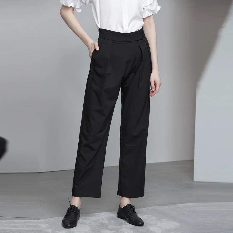 圣迪奥女装垂感女士休闲高腰暗褶拼接阔腿长裤S21180819