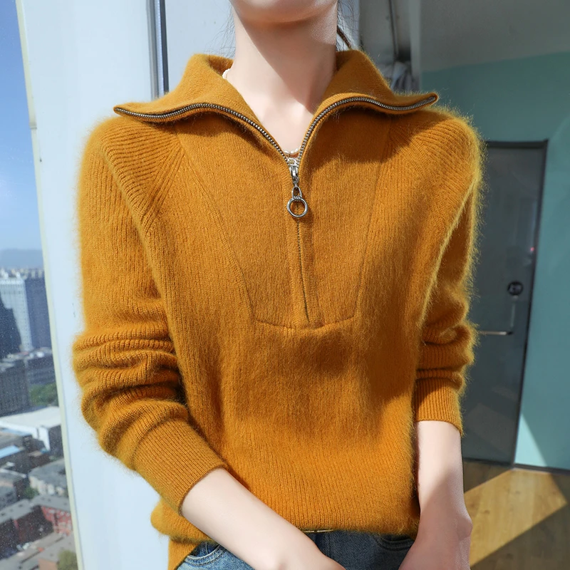 貂绒冬季常规纯色翻领常规款毛针织衫秋冬连帽上衣百搭拉绒