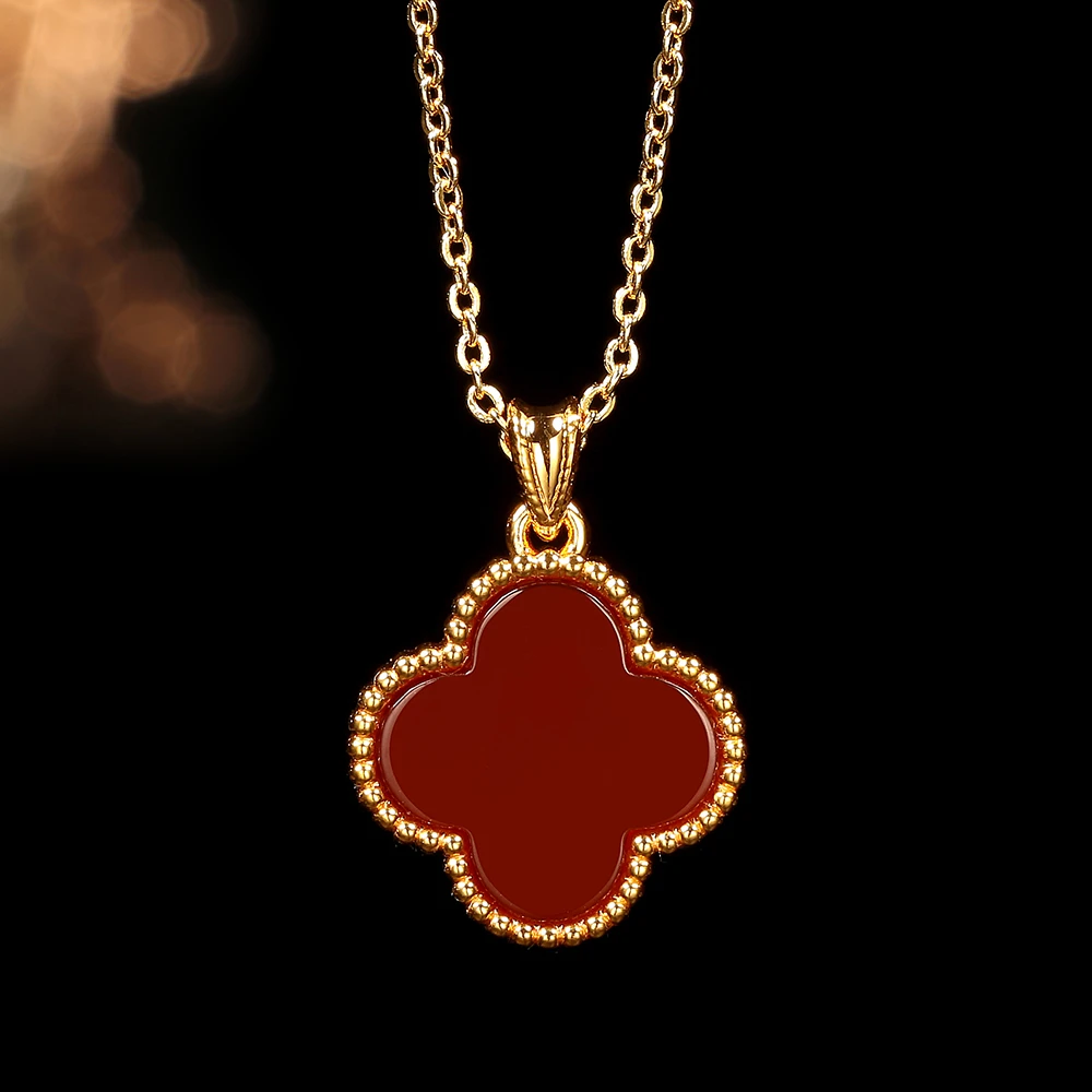 【婷婷专属】18k金豪镶15MM红玛瑙四叶（赠链）吊坠红色百搭轻奢经典