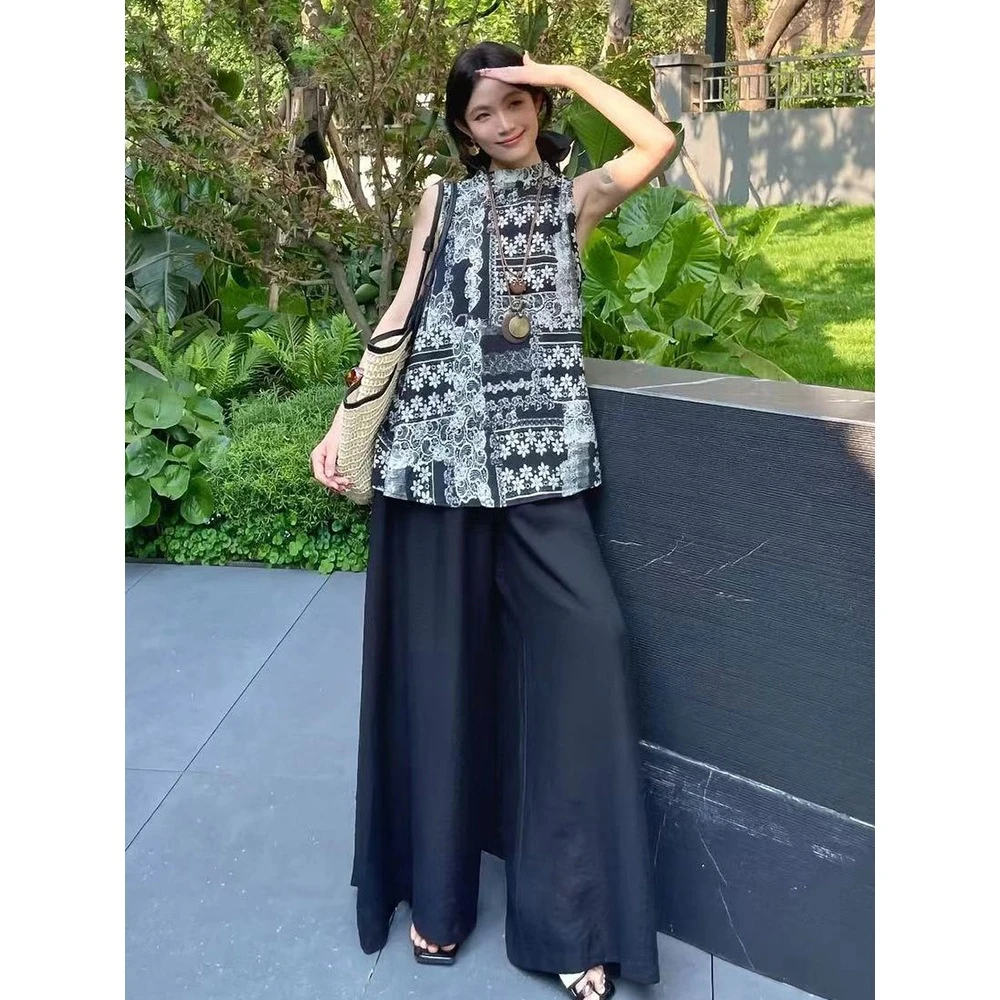 新中式国风无袖衬衫+直筒裤套装女2025夏季新款宽松显瘦百搭上衣