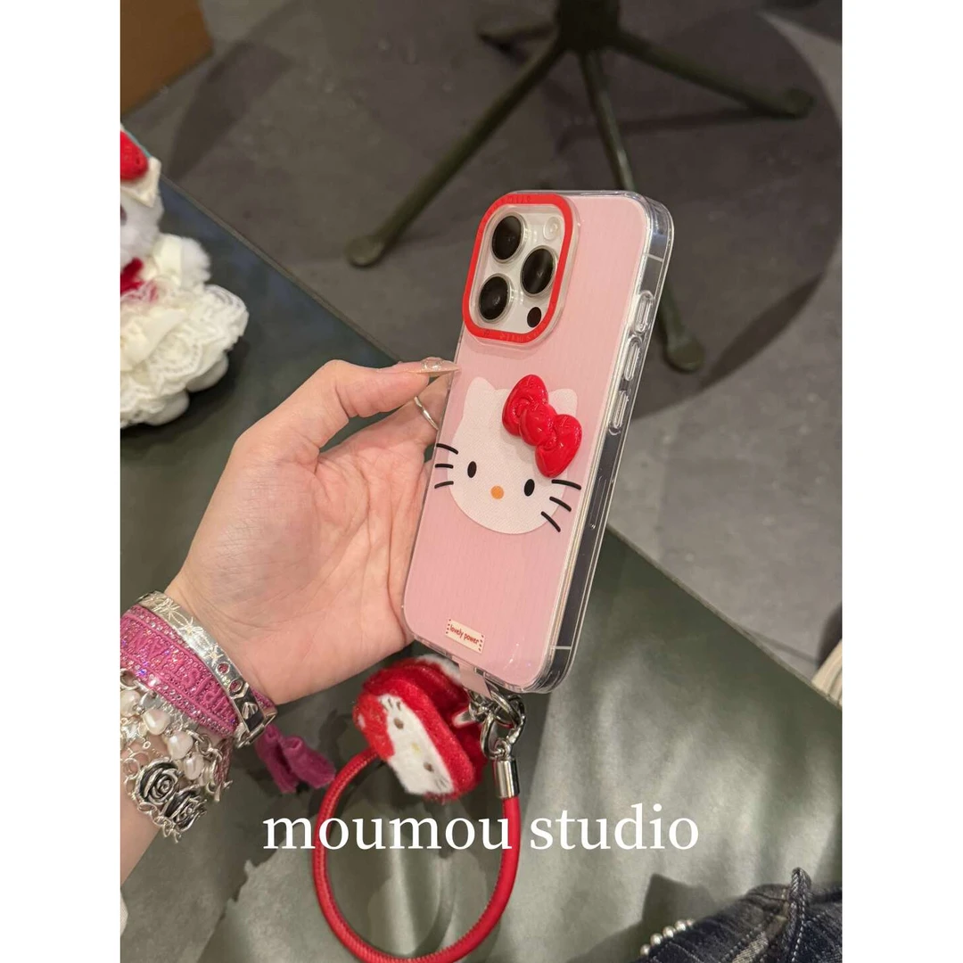 少女粉竖纹蝴蝶结猫咪适用于iPhone16Promax手机壳苹果15可爱1413