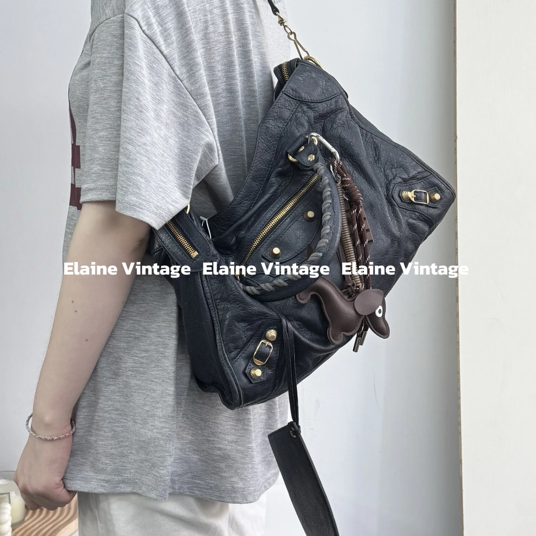 95新 Balenciaga/巴黎世家 city深灰蓝色中号机车包（38cm）/Y699