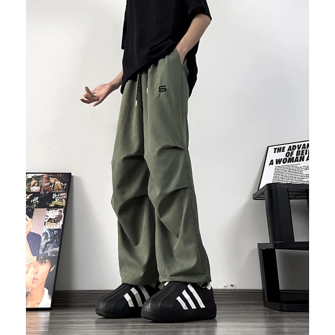 CK008美式复古四色夏季薄款冰感刺绣伞兵裤抽绳休闲裤