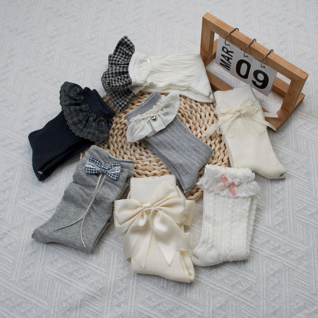 少女风四季款蝴蝶结中筒袜提花拼接公主风萝莉风